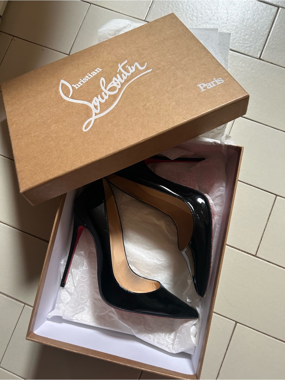 Christian Louboutin Black Patent Pointed Toe Stilettos with Red Sole